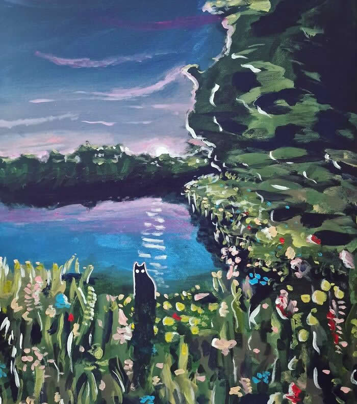 Digital Artworks of Black Cats in Fantasy Landscapes by Mitch